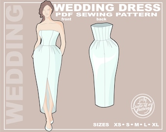 Trägerloses Brautkleid Schnittmuster: Korsett-Oberteil, gemeißelter Rock (PDF Digital Download, 5 Grössen XS-XL, A4 Print-at-Home/ A0 Plotter Format)
