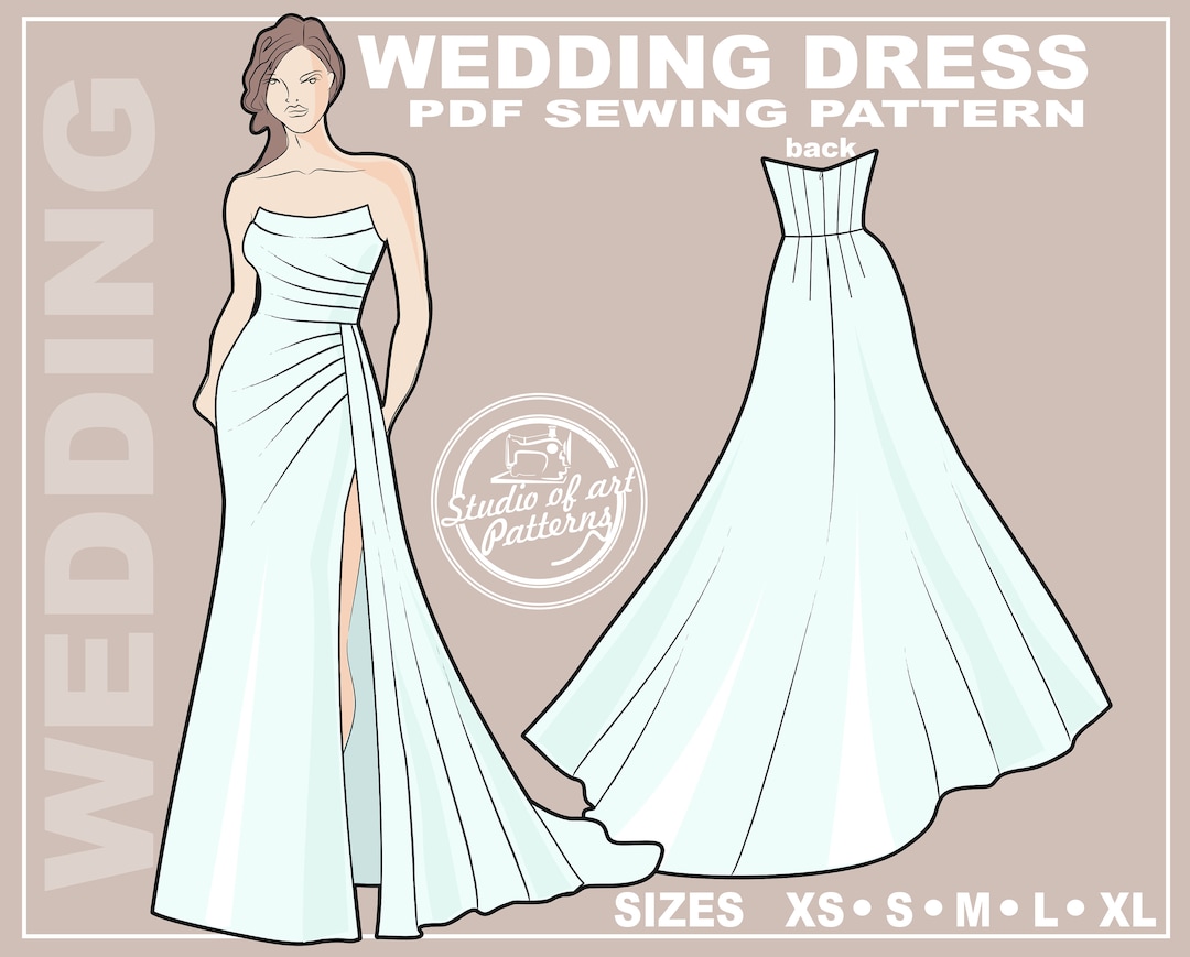 Mermaid Wedding Dress Sewing Pattern Draped Bodice, Train (PDF Digital