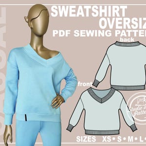 Patrón de costura para sudadera extragrande: Sudadera de mujer con escote en V (descarga digital en PDF, 5 tallas XS-XL, formato A4 para imprimir en casa/formato A0 para plotter)