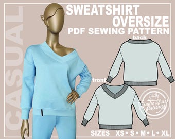Oversized Sweatshirt Sewing Pattern: Women's V-neckline Sweatshirt (PDF Digital Download, 5 Sizes XS-XL, A4 Print-at-home/A0 Plotter Format)