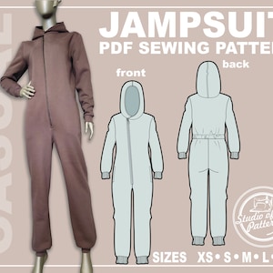 May include: A brown hooded jumpsuit with a full-length zip, shown on a mannequin. The image includes a line drawing of the jumpsuit, displaying front and back views, and the text "JAMPSUIT PDF SEWING PATTERN". Sizes XS-XL are listed.