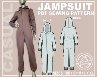 PATTERN HOODED JUMPSUIT. Sewing Pattern Romper with hood. Digital Pack 5 sizes. Instant Download. Print-at-home