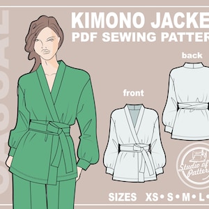 以下が含まれることがあります： 「KIMONO JACKET PDF SEWING PATTERN」のテキストが入った、緑色の着物ジャケットの縫製パターン。 ジャケットの前面と背面図、およびジャケットを着ている人のイラストが表示されています。 サイズXS-XLが記載されています。