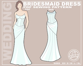 Bridesmaid Gown Sewing Pattern, Draped Evening Dress  (PDF Digital Download, 5 Sizes XS-XL, A4 Print-at-home/A0 Plotter Format)