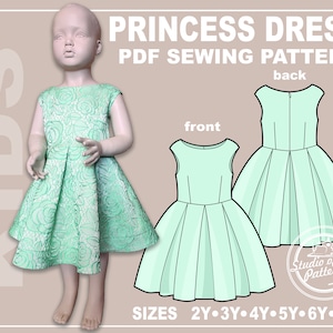 May include: A PDF sewing pattern for a princess dress in sizes 2Y-7Y. The pattern includes a front and back view of the dress. The dress is sleeveless and has a gathered skirt.
