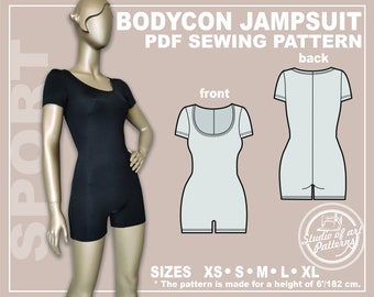 PATTERN BODYCON JUMPSUIT. Sewing Pattern Bodysuit for tall women. Digital Pack 5 sizes. Instant Download. Print-at-home