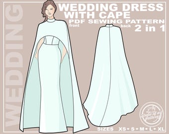 Hochzeitsset Schnittmuster: Brautkleid und Cape nach Maß (PDF Digital Download, XS-XL, A4 Print-at-home / A0 Plotter Format)