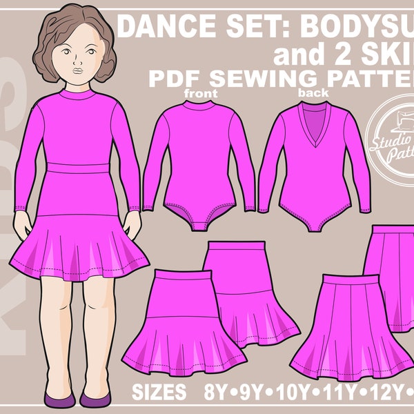 PATTERN KIDS DANCE Set. Sewing Pattern Kids Dance Bodysuit and Skirts. Digital Pack 6 sizes. Instant Download. Print-at-home