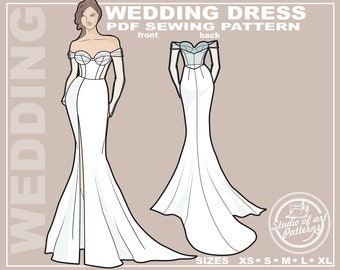 MODELO DE VESTIDO DE NOIVA. Molde de costura para vestido de noiva em tecido de renda. Pacote digital com 5 tamanhos. Download instantâneo.