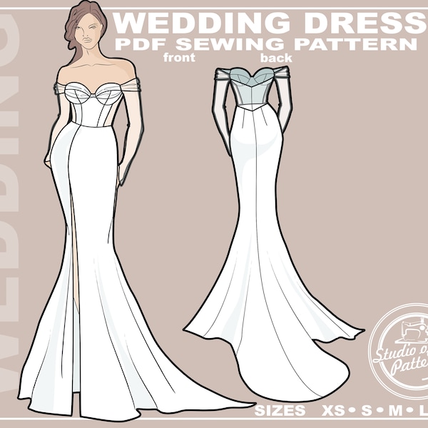 PATTERN WEDDING DRESS. Sewing Pattern Wedding gown from lace fabric. Digital Pack 5 sizes. Instant Download.