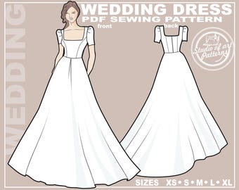 Wedding Dress Sewing Pattern: Square Neckline Bridal Gown (PDF Digital Download, 5 Sizes XS-XL, A4 Print-at-home /A0 Plotter Format)