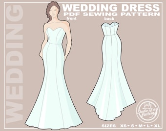 Meerjungfrau Brautkleid Schnittmuster Trägerlos tailliertes Brautkleid mit Schleppe. PDF Digital, 5 Größen XS-XL, A4 Print-at-Home/A0 Plotter Format