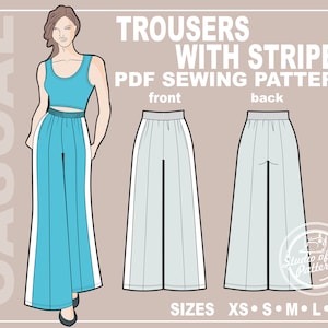 Trousers with stripes Pattern. Trousers Sewing Pattern (PDF Digital Download, 5 Sizes XS-XL, A4 Print-at-Home/ A0 Plotter Format)