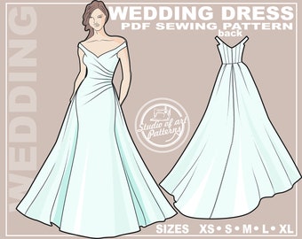 PATTERN WEDDING DRESS. Sewing Pattern Wedding gown with Train. Digital Pack 5 sizes. Instant Download.