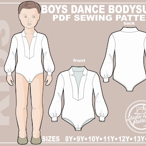 May include: A white dance bodysuit sewing pattern for boys, with a V-neck and long sleeves. The pattern includes instructions for sizes 8Y-14Y. The pattern is shown on a white background with the words "BOYS DANCE BODYSUIT PDF SEWING PATTERN" and "KIDS" in the background.