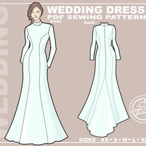 Puede incluir: Patrón de costura de vestido de novia azul claro, con vistas delantera y trasera. El vestido tiene mangas largas y cuello alto. El texto "WEDDING DRESS PDF SEWING PATTERN" se muestra en la parte superior. Tallas XS a XL en la parte inferior.