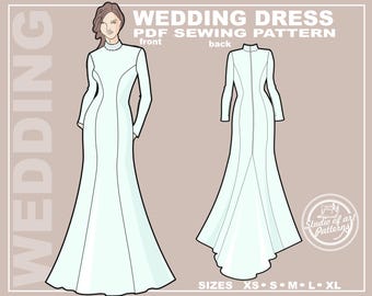 Mermaid Wedding Dress Sewing Pattern with Sleeves (PDF Digital, 5 Sizes XS-XL, A4 Print-at-home/A0 Plotter Format)