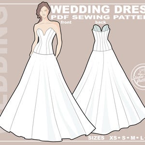 Puede incluir: Dibujo lineal de un vestido de novia sin tirantes, vistas delantera y trasera, con escote corazón y falda amplia. El texto "WEDDING DRESS PDF SEWING PATTERN" está en la parte superior. Tallas XS a XL en la parte inferior.