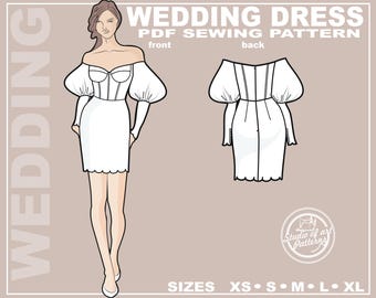 May include: A PDF sewing pattern for a wedding dress featuring a front and back technical illustration. The design shows an off-the-shoulder mini dress with puff sleeves, a corset-style bodice, and a scalloped hem. Text includes WEDDING DRESS, PDF SEWING PATTERN, and SIZES XS S M L XL.