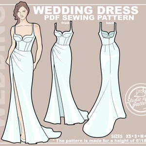 PATTERN WEDDING DRESS for tall women. Sewing Pattern Bridal gown featuring draping. Digital Pack 5 sizes. Instant Download.