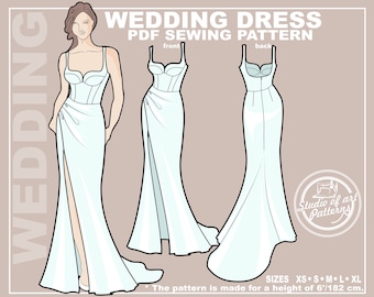 PATTERN WEDDING DRESS for tall women. Sewing Pattern Bridal gown featuring draping. Digital Pack 5 sizes. Instant Download.