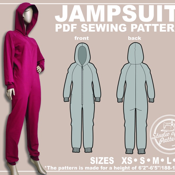 OVERSIZED JUMPSUIT mit Muster. Schnittmuster Overall mit Kapuze für große Menschen. Digital Pack 5 Größen. Print-at-Home-Druck