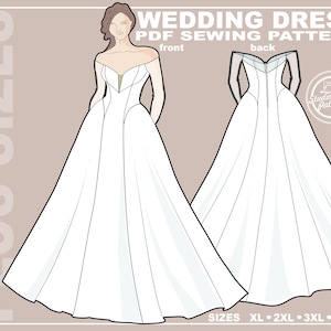 May include: A white wedding dress PDF sewing pattern with a front and back view. The dress features an off-the-shoulder neckline and a full skirt. The text "WEDDING DRESS PDF SEWING PATTERN" is at the top. Sizes XL, 2XL, 3XL, and 4XL are listed.