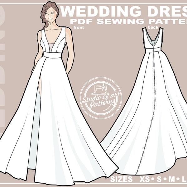 PATTERN WEDDING DRESS. Sewing Pattern Wedding gown with plunging neckline. Digital Pack 5 sizes. Instant Download.