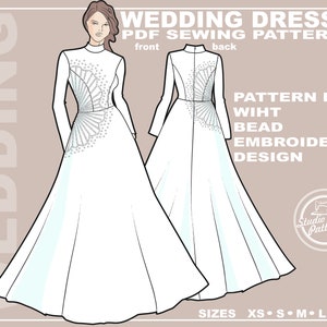 Bridal Gown Sewing Pattern: Bead Embroidery Design (PDF Digital Download, 5 Sizes XS-XL, A4 Print-at-home /A0 Plotter Format)