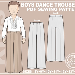 May include: A sewing pattern for boys' dance trousers in sizes 8Y-14Y. The pattern includes a front and back view of the trousers. The pattern is available as a PDF download.