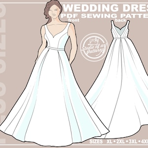 Può includere: Un disegno a linea di un modello di cucito per abito da sposa. Il modello include una vista frontale e posteriore dell'abito. L'abito ha una scollatura a V e un corpetto aderente. La gonna è ampia e fluida. Il testo "WEDDING DRESS PDF SEWING PATTERN" è in alto nell'immagine. Il testo "SIZES XL 2XL 3XL 4XL 5XL" è in basso nell'immagine.