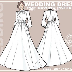 パターンウェディングドレス。イスラム教徒の花嫁のガウンの縫製パターン。デジタルパック 5 サイズ。即時ダウンロード。自宅で印刷