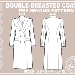 Double-breasted naaipatroon jas: midi-jas dames (digitale pdf-download, 5 maten XS-XL, A4-print-at-Home/A0-plotterformaat)