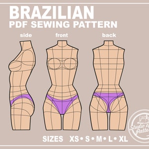 May include: A sewing pattern for Brazilian underwear, shown on a gridded mannequin in side, front, and back views. The pattern includes sizes XS, S, M, L, and XL. The text "Studio of Art Patterns" is in the lower right corner.