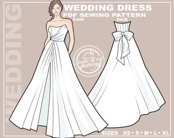 PATTERN WEDDING DRESS. Sewing Pattern Wedding gown with a slit. Digital Pack 5 sizes. Instant Download.