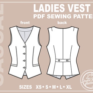 Op de afbeelding: Een naaipatroon voor een casual vest. Het patroon bevat instructies voor de maten XS, S, M, L en XL. Het patroon is voor een sleeveless vest met een V-hals en knoopsluiting. De achterkant van het vest heeft een enkele knoopsluiting.