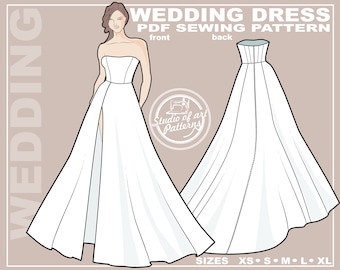 May include: A white strapless wedding dress illustration. The front view shows a slit in the skirt, while the back view displays a detailed bodice and flowing train. Text includes "WEDDING DRESS PDF SEWING PATTERN" and "Studio of art Patterns."