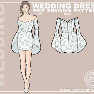 May include: Illustration of a wedding dress sewing pattern. The design features an off-the-shoulder mini dress with bell sleeves and a floral pattern. The image also shows the back view of the dress. Text includes "WEDDING DRESS PDF SEWING PATTERN" and sizes.
