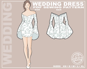 Tailliertes Brautkleid aus Spitze mit Trompetenärmeln Schnittmuster (PDF Digital Download, 5 Grössen XS-XL, A4 Print-at-home/A0 Plotter Format)