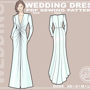 Puede incluir: Un patrón de costura digital para un vestido de novia con un corpiño largo y ajustado y una falda fluida. El patrón incluye instrucciones para las tallas XS, S, M, L y XL.