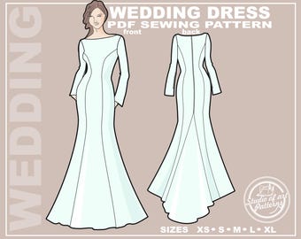 Wedding Dress Sewing Pattern: Mermaid Gown with Sleeves (Digital PDF, 5 sizes XS-XL)