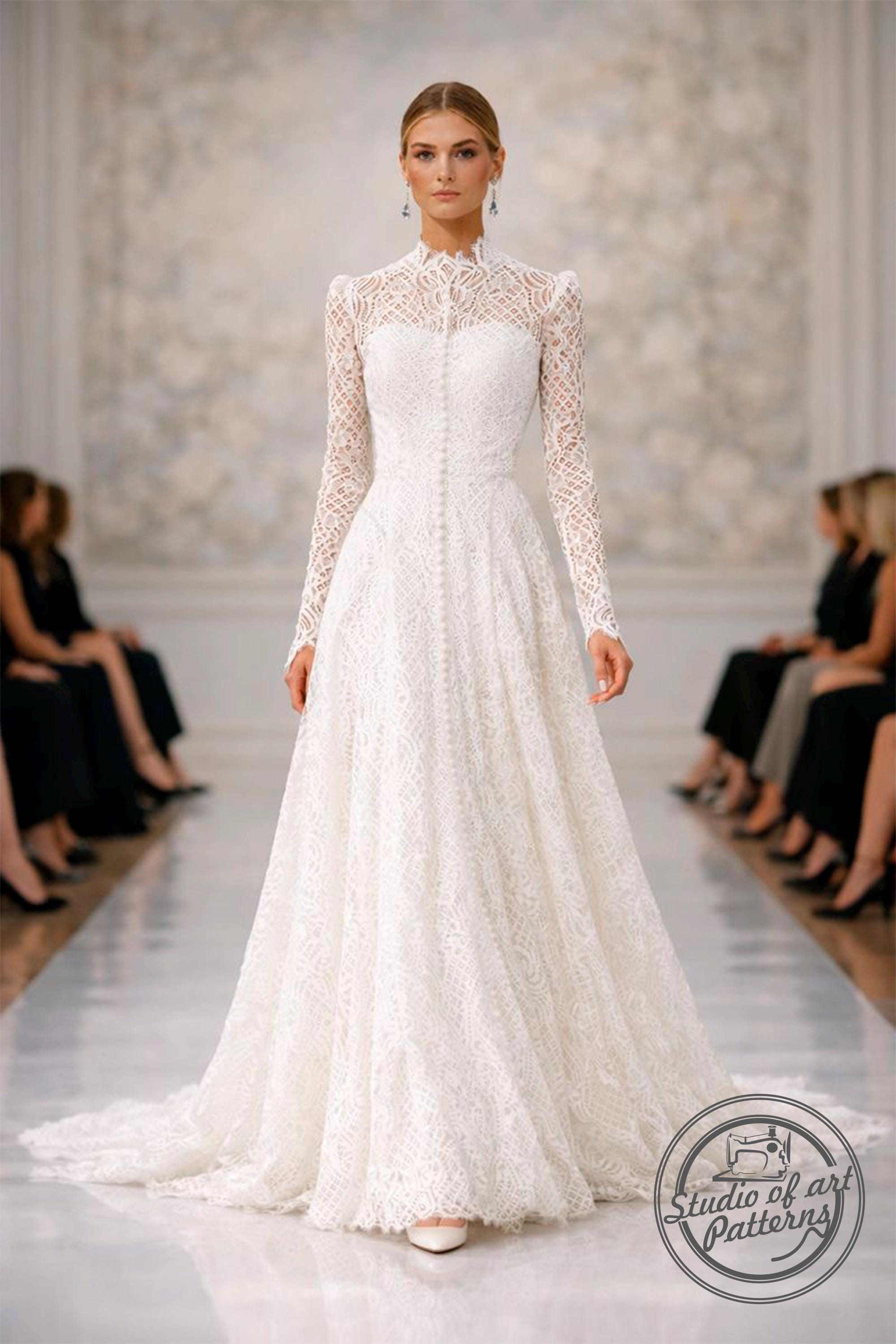 Lace Bridal Gown Sewing Pattern with Sleeves (PDF Digital Download, 5 Sizes XS-XL, A4 Print-at-home/A0 Plotter Format) Lace Bridal Gown Sewing Pattern with Sleeves (PDF Digital Download, 5 Sizes XS-XL, A4 Print-at-home/A0 Plotter Format)