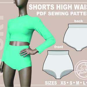 PATTERN SHORTS High Waist. Sewing Pattern Shorts Water Sports. Digital Pack 5 sizes. Print-at-home