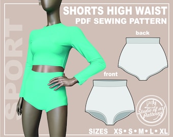 PATTERN SHORTS High Waist. Sewing Pattern Shorts Water Sports. Digital Pack 5 sizes. Print-at-home