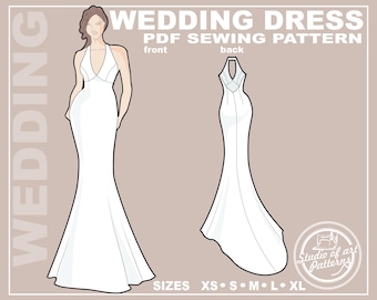 Backless Mermaid Bridal Dress Sewing Pattern (PDF Digital Download, 5 Sizes XS-XL, A4 Print-at-home/A0 Plotter Format)