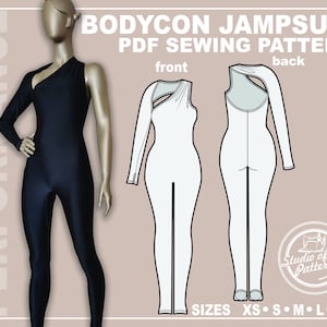 PATTERN BODYCON JUMPSUIT. Sewing Pattern Asymmetric one-sleeve Jampsuit. Digital Pack 5 sizes. Instant Download. Print-at-home