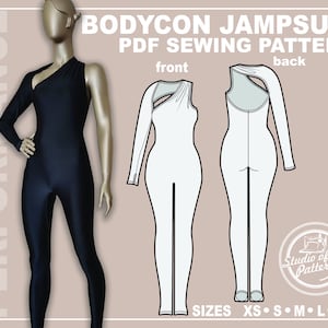 Könnte beinhalten: Ein digitales Schnittmuster für einen schwarzen und weißen One-Shoulder-Bodysuit. Das Schnittmuster enthält Anweisungen für die Größen XS, S, M, L und XL. Das Schnittmuster ist als PDF-Download verfügbar.