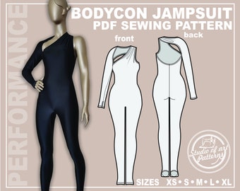 Bodycon Jumpsuit Sewing Pattern: Asymmetric One-Sleeve (PDF Digital Download, 5 Sizes XS-XL, A4 Print-at-home/A0 Plotter Format)
