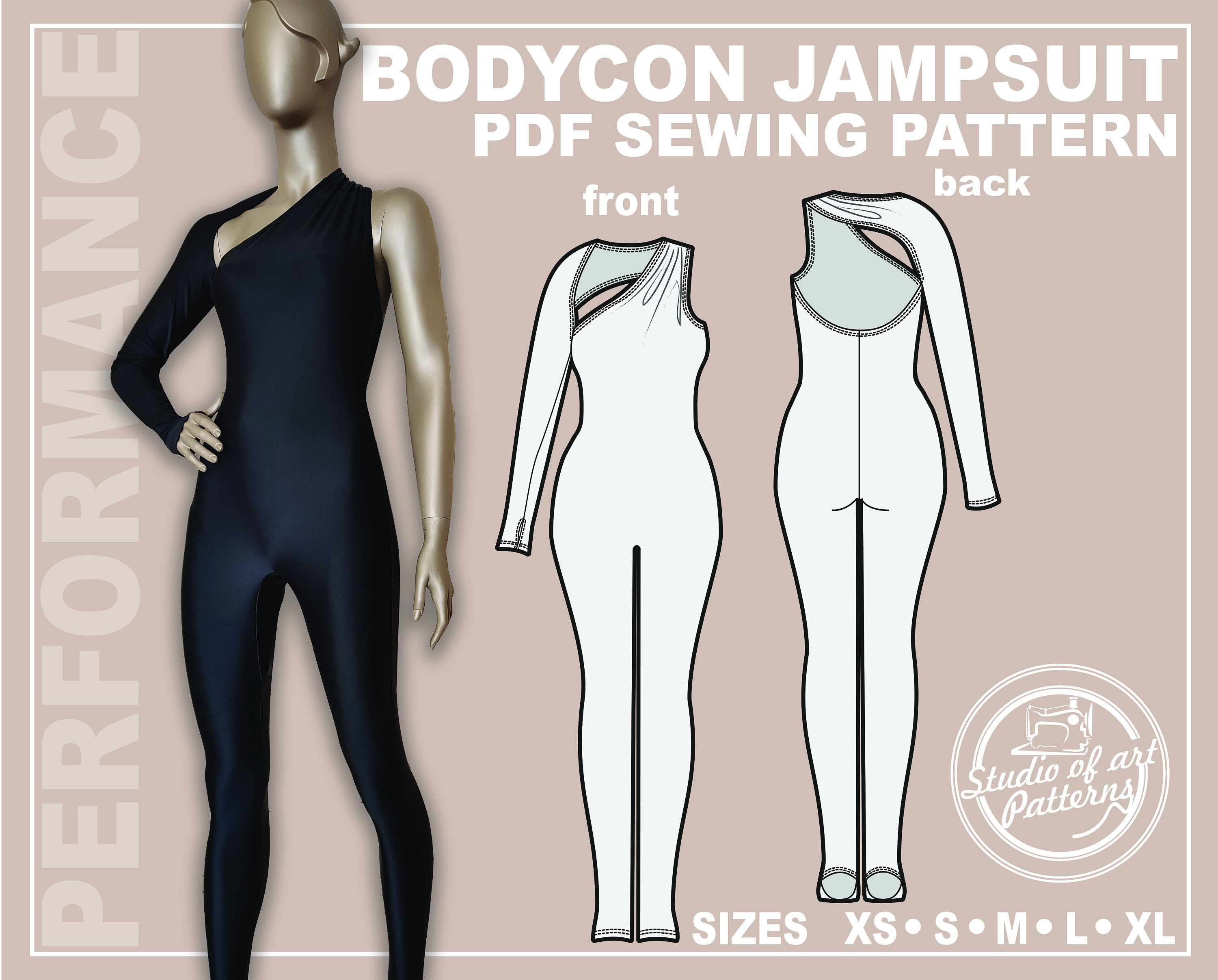 PATTERN BODYCON JUMPSUIT. Sewing Pattern Asymmetric One