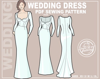 Bridal Gown Sewing Pattern: Long Sleeve Wedding Dress (PDF Digital Download, 5 Sizes XS-XL, A4 Print-at-home/A0 Plotter Format)